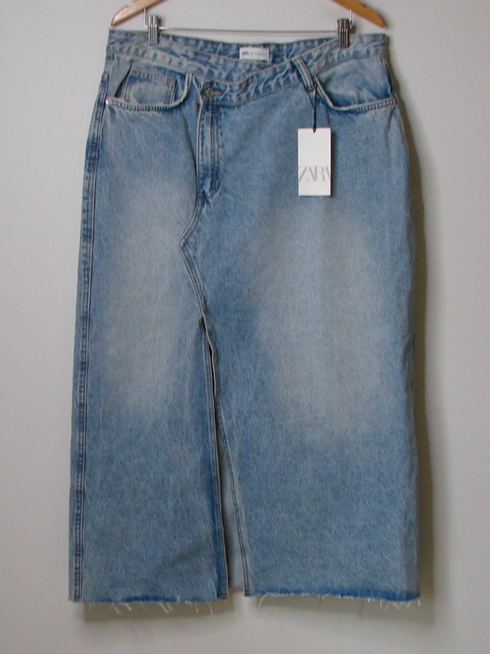 Zara Light Blue Denim Midi Maxi Skirt Asymmetric Fly Raw Hem BRAND NEW NWT XXL - Picture 6 of 15